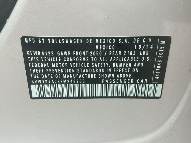 3VW1K7AJ3FM243755 - 2015 VOLKSWAGEN JETTA BASE ვერცხლისფერი ფოტო 10