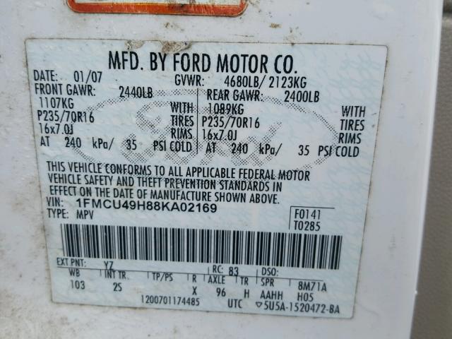 1FMCU49H88KA02169 - 2008 FORD ESCAPE HEV WHITE photo 10