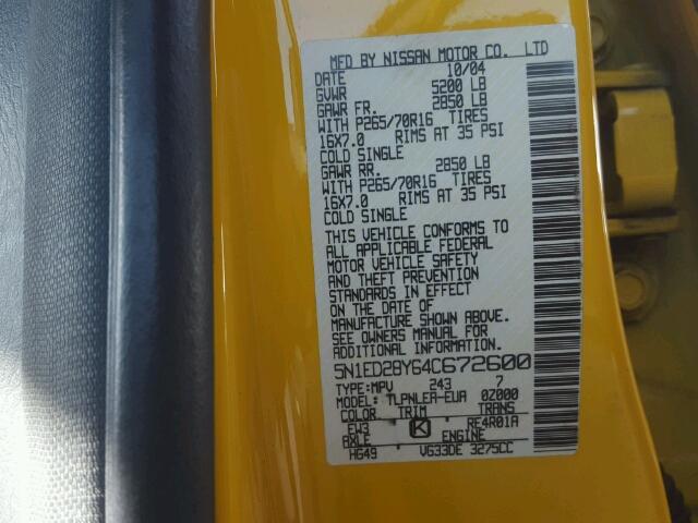 5N1ED28Y64C672600 - 2004 NISSAN XTERRA XE YELLOW photo 10