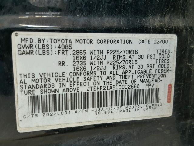 JTEHF21A510002666 - 2001 TOYOTA HIGHLANDER BLACK photo 10