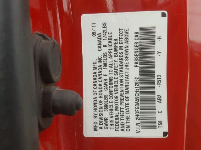 2HGFG3A59CH512052 - 2012 HONDA CIVIC LX RED photo 10