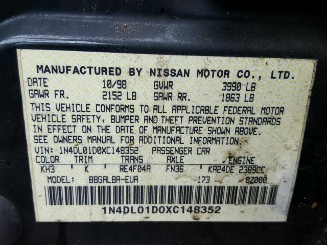 1N4DL01D0XC148352 - 1999 NISSAN ALTIMA XE BLACK photo 10