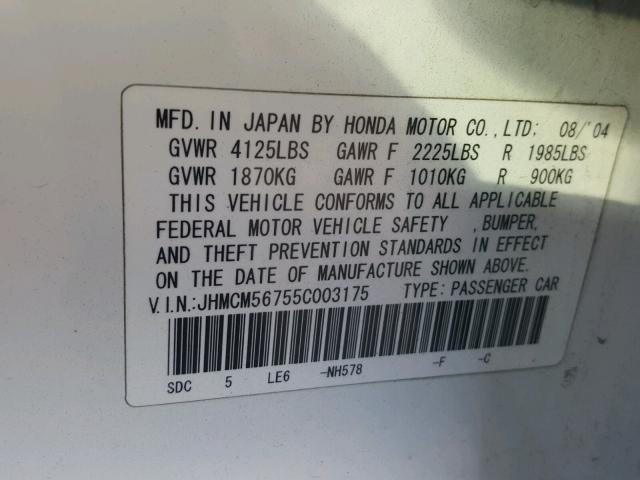 JHMCM56755C003175 - 2005 HONDA ACCORD EX WHITE photo 10