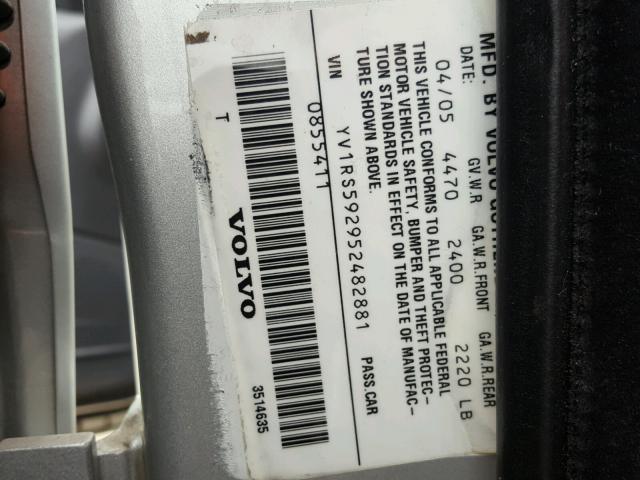 YV1RS592952482881 - 2005 VOLVO S60 2.5T SILVER photo 10