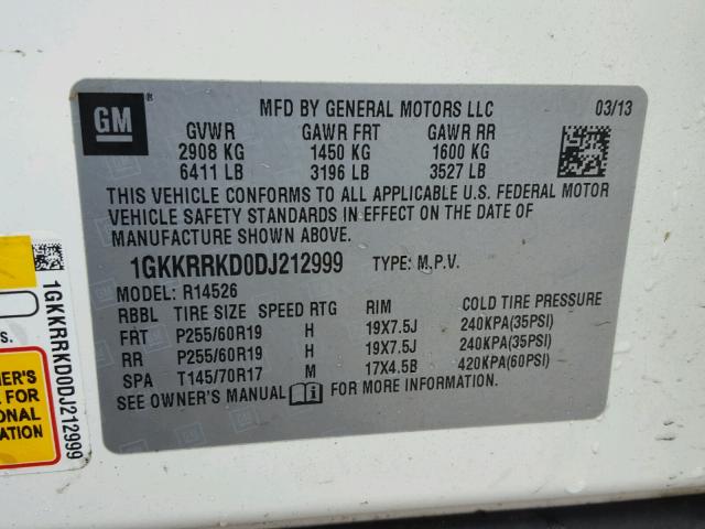 1GKKRRKD0DJ212999 - 2013 GMC ACADIA SLT 白色 照片 10