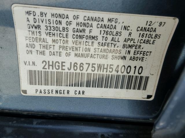 2HGEJ6675WH540010 - 1998 HONDA CIVIC LX BLUE photo 10