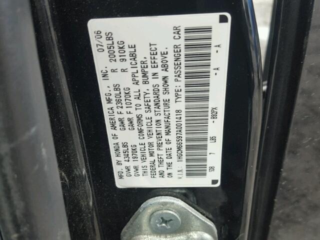 1HGCM66597A001418 - 2007 HONDA ACCORD EX BLACK photo 10