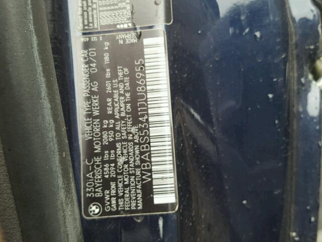 WBABS53411JU86955 - 2001 BMW 330 CI BLUE photo 10