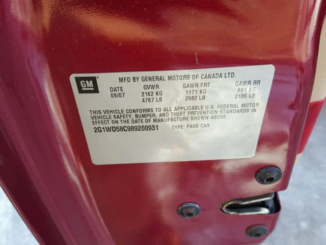 2G1WD58C989200931 - 2008 CHEVROLET IMPALA SUP RED photo 10