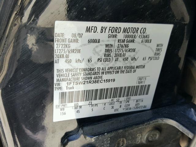 1FTSW21R38EC15919 - 2008 FORD F250 SUPER BLACK photo 10