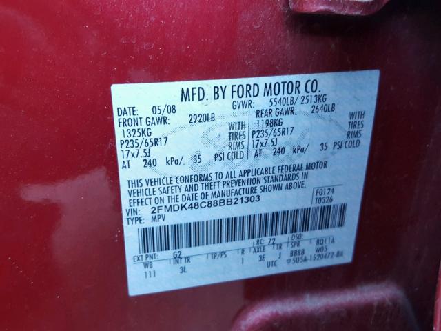 2FMDK48C88BB21303 - 2008 FORD EDGE SEL RED photo 10