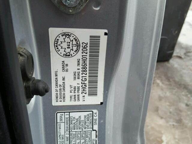 2HGFG12886H012062 - 2006 HONDA CIVIC EX ვერცხლისფერი ფოტო 10