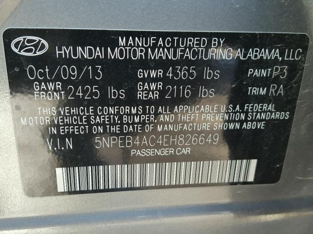 5NPEB4AC4EH826649 - 2014 HYUNDAI SONATA GLS GRAY photo 10