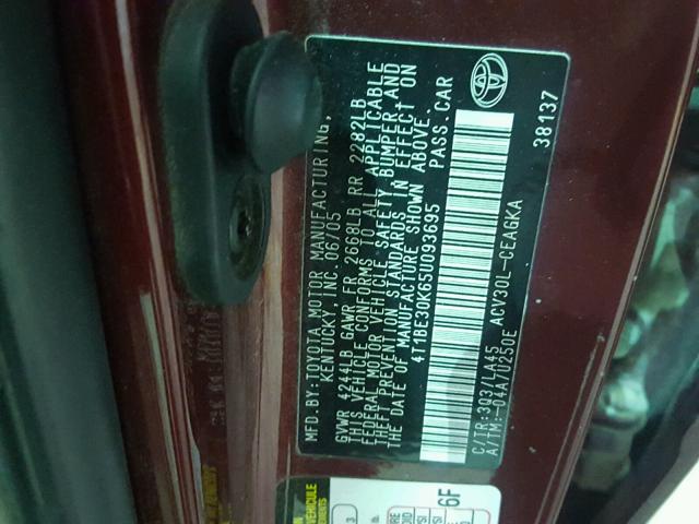 4T1BE30K65U093695 - 2005 TOYOTA CAMRY LE MAROON photo 10