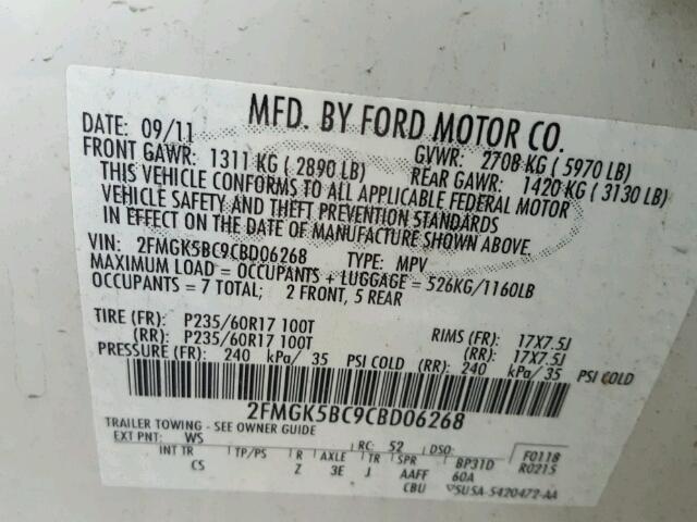 2FMGK5BC9CBD06268 - 2012 FORD FLEX SE WHITE photo 10