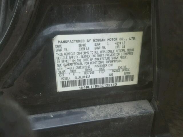 1N4BL11D53C122143 - 2003 NISSAN ALTIMA SE BLACK photo 10