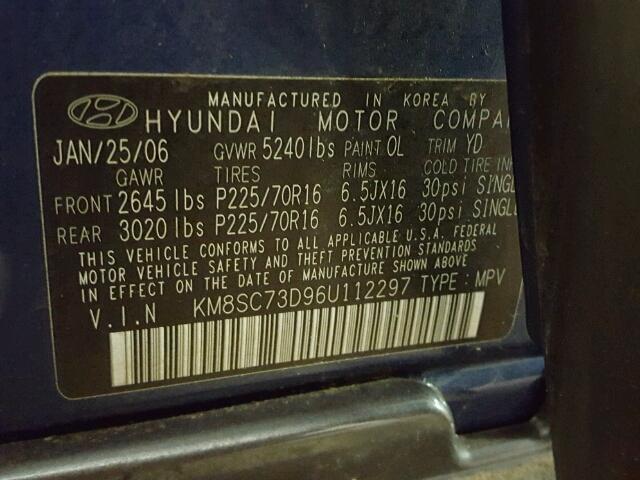 KM8SC73D96U112297 - 2006 HYUNDAI SANTA FE G BLUE photo 10