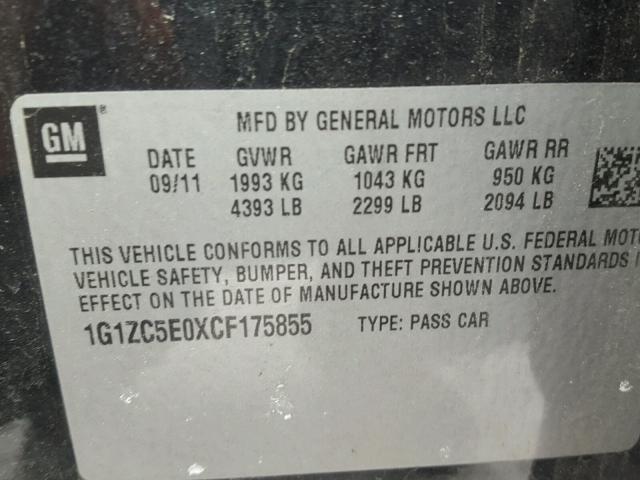 1G1ZC5E0XCF175855 - 2012 CHEVROLET MALIBU 1LT 银色 照片 10