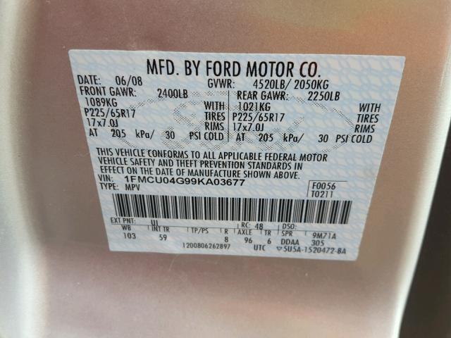 1FMCU04G99KA03677 - 2009 FORD ESCAPE LIM SILVER photo 10