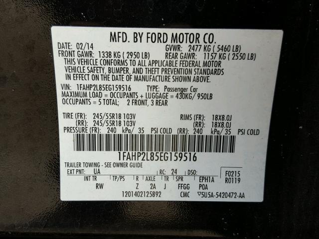 1FAHP2L85EG159516 - 2014 FORD TAURUS POL BLACK photo 10