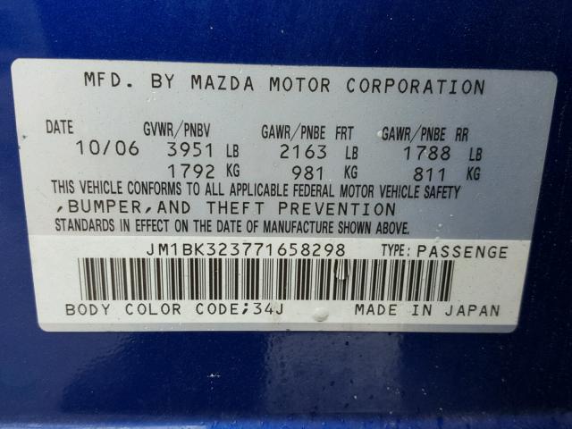 JM1BK323771658298 - 2007 MAZDA 3 S BLUE photo 10