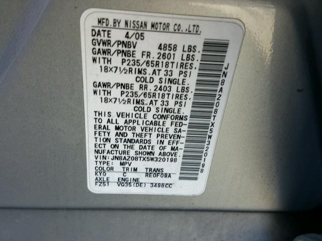 JN8AZ08TX5W320198 - 2005 NISSAN MURANO SL SILVER photo 10