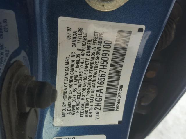 2HGFA16567H509100 - 2007 HONDA CIVIC LX BLUE photo 10