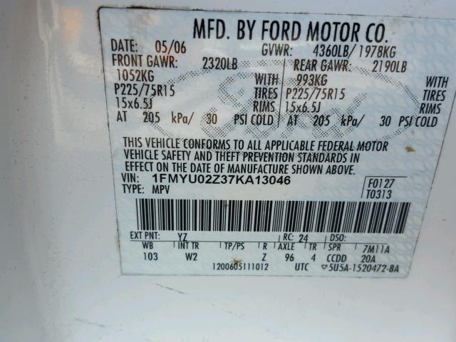 1FMYU02Z37KA13046 - 2007 FORD ESCAPE XLS WHITE photo 10