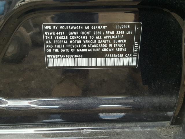 WVWBP7AN7GE516408 - 2016 VOLKSWAGEN CC BASE BLACK photo 10