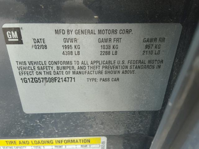 1G1ZG57B08F214771 - 2008 CHEVROLET MALIBU LS ნაცრისფერი ფოტო 10