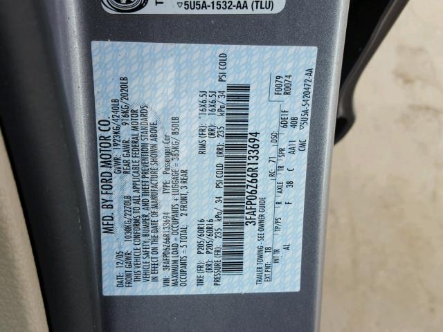 3FAFP06Z66R133694 - 2006 FORD FUSION S GRAY photo 10