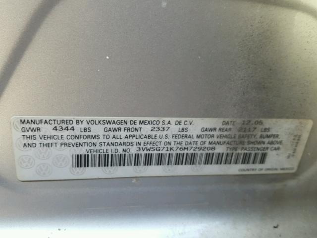 3VWSG71K76M729208 - 2006 VOLKSWAGEN JETTA 2.5 SILVER photo 10