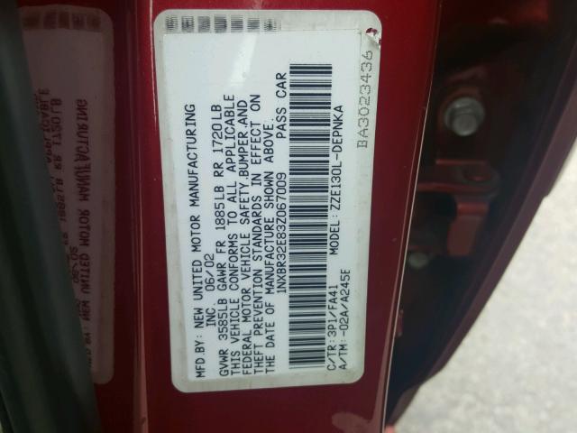 1NXBR32E83Z067009 - 2003 TOYOTA COROLLA CE RED photo 10