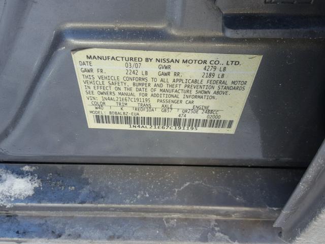 1N4AL21E67C191195 - 2007 NISSAN ALTIMA 2.5 GRAY photo 10