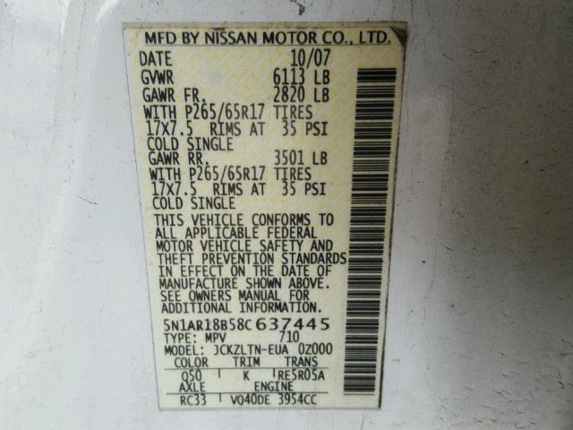 5N1AR18B58C637445 - 2008 NISSAN PATHFINDER WHITE photo 10