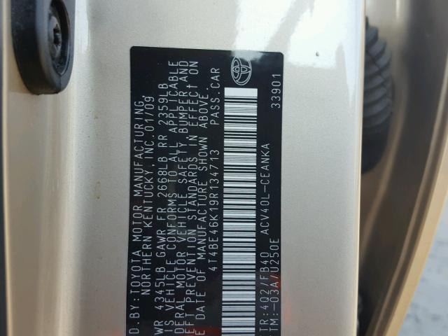 4T4BE46K19R134713 - 2009 TOYOTA CAMRY BASE BEIGE photo 10