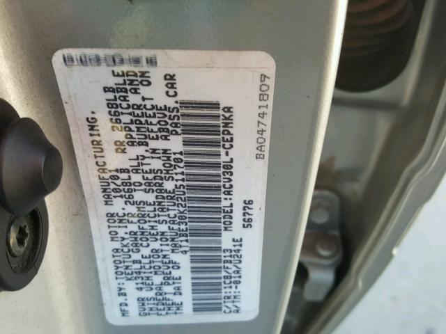 4T1BE30K22U511701 - 2002 TOYOTA CAMRY LE SILVER photo 10
