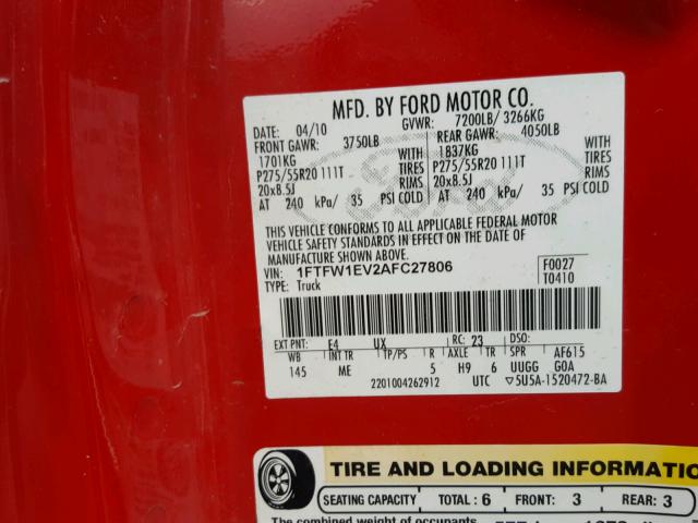 1FTFW1EV2AFC27806 - 2010 FORD F150 SUPER RED photo 10