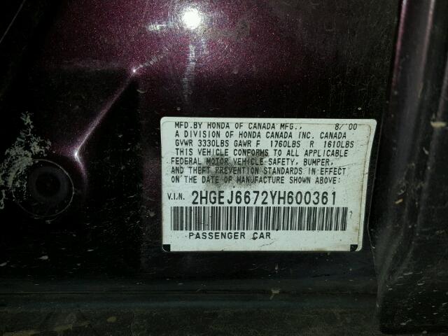 2HGEJ6672YH600361 - 2000 HONDA CIVIC LX PURPLE photo 10