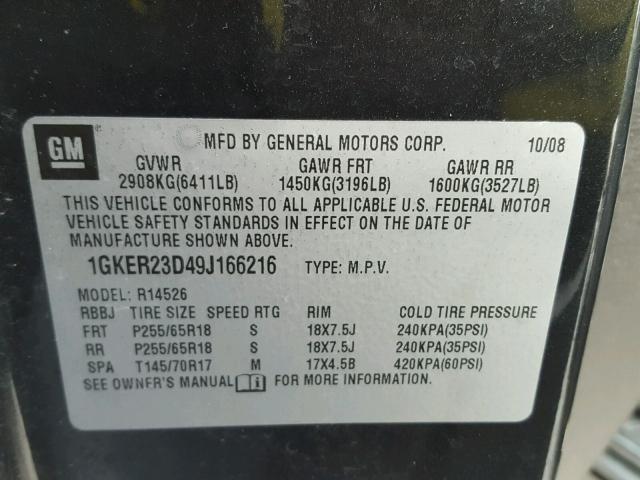 1GKER23D49J166216 - 2009 GMC ACADIA SLT 黑色 照片 10