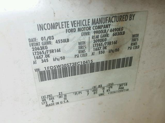 1FDSW30S73EC10415 - 2003 FORD F350 SRW S WHITE photo 10