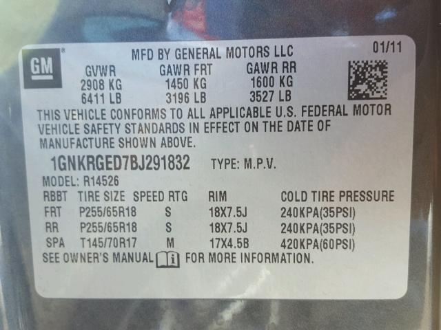 1GNKRGED7BJ291832 - 2011 CHEVROLET TRAVERSE L GRAY photo 10