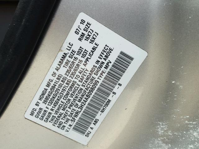 5FNRL3H24AB098099 - 2010 HONDA ODYSSEY LX SILVER photo 10