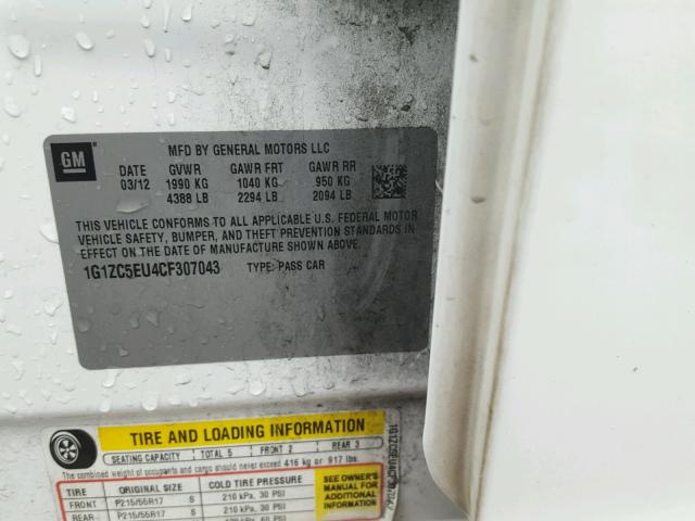 1G1ZC5EU4CF307043 - 2012 CHEVROLET MALIBU 1LT 白色 照片 10