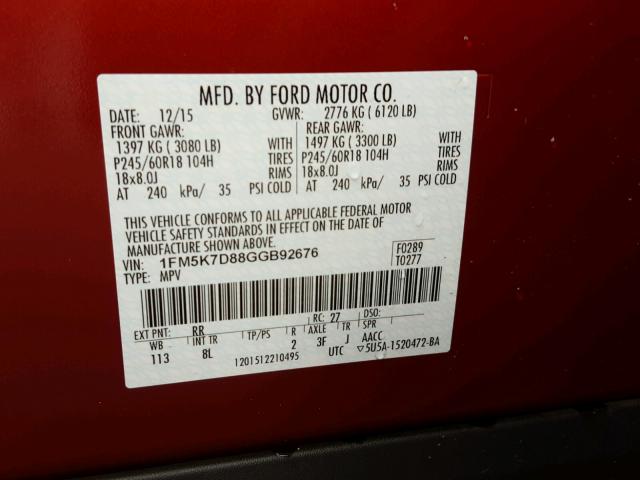 1FM5K7D88GGB92676 - 2016 FORD EXPLORER X RED photo 10