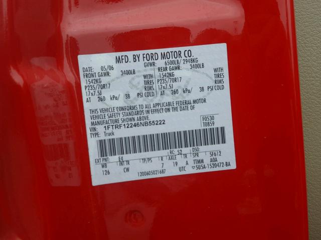 1FTRF12246NB55222 - 2006 FORD F150 RED photo 10