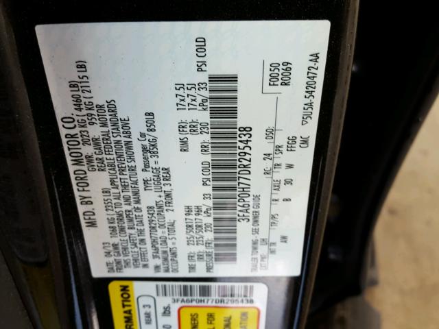 3FA6P0H77DR295438 - 2013 FORD FUSION SE BLACK photo 10