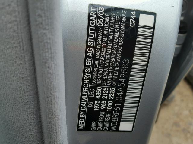 WDBRF61J04A549583 - 2004 MERCEDES-BENZ C 240 SILVER photo 10