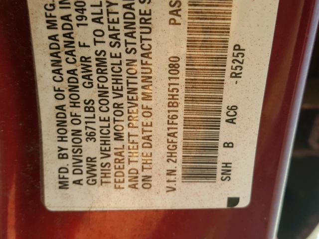 2HGFA1F61BH511080 - 2011 HONDA CIVIC LX-S 红色 照片 10