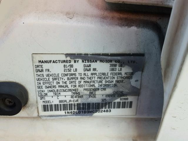 1N4DL01D3WC202483 - 1998 NISSAN ALTIMA XE WHITE photo 10